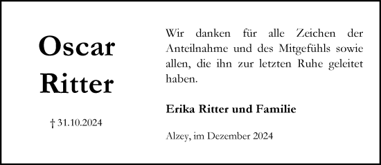 Traueranzeige von Oscar Ritter von Allgemeine Zeitung Alzey