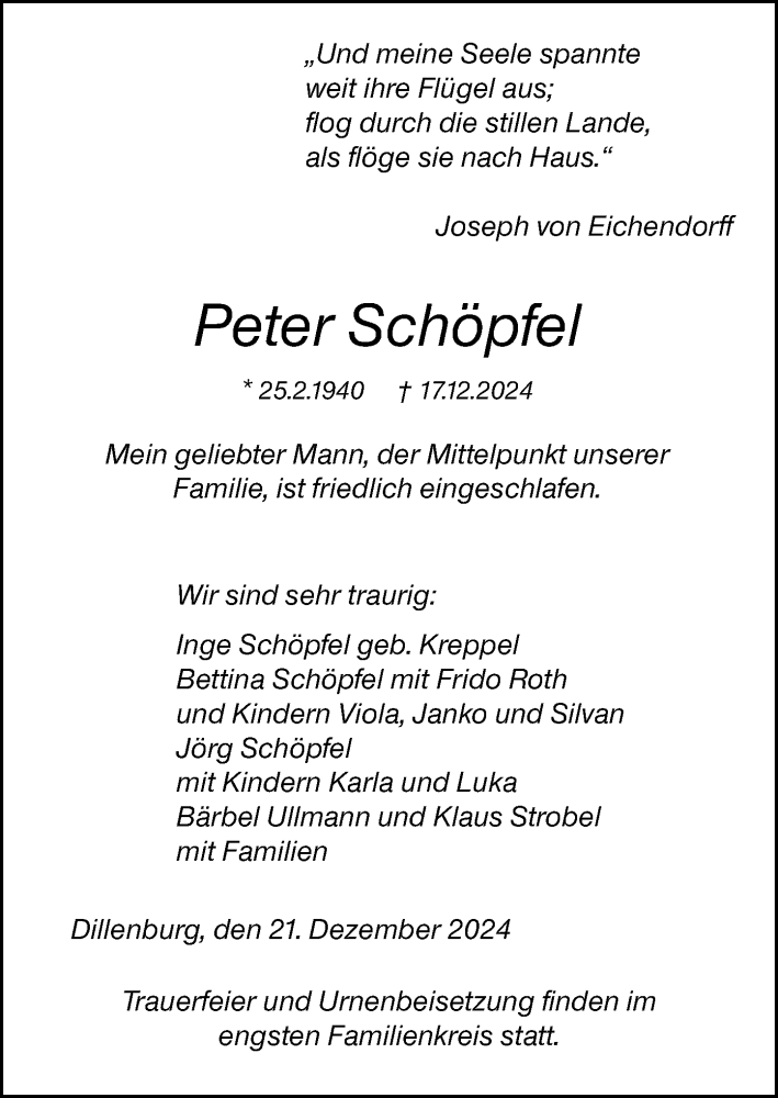  Traueranzeige für Peter Schöpfel vom 21.12.2024 aus Dill Block