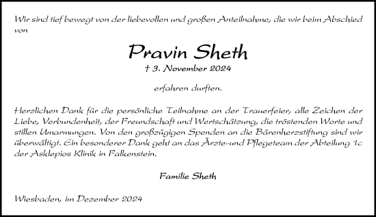 Traueranzeige von Pravin Sheth von Wiesbadener Kurier