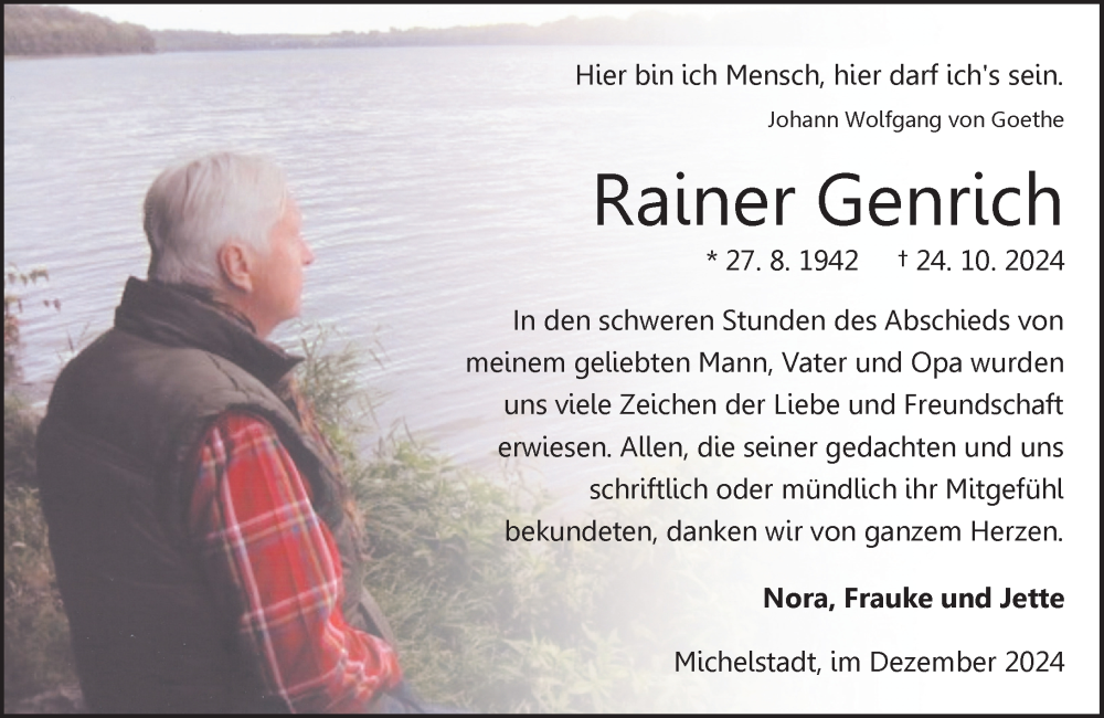  Traueranzeige für Rainer Genrich vom 07.12.2024 aus Odenwälder Echo