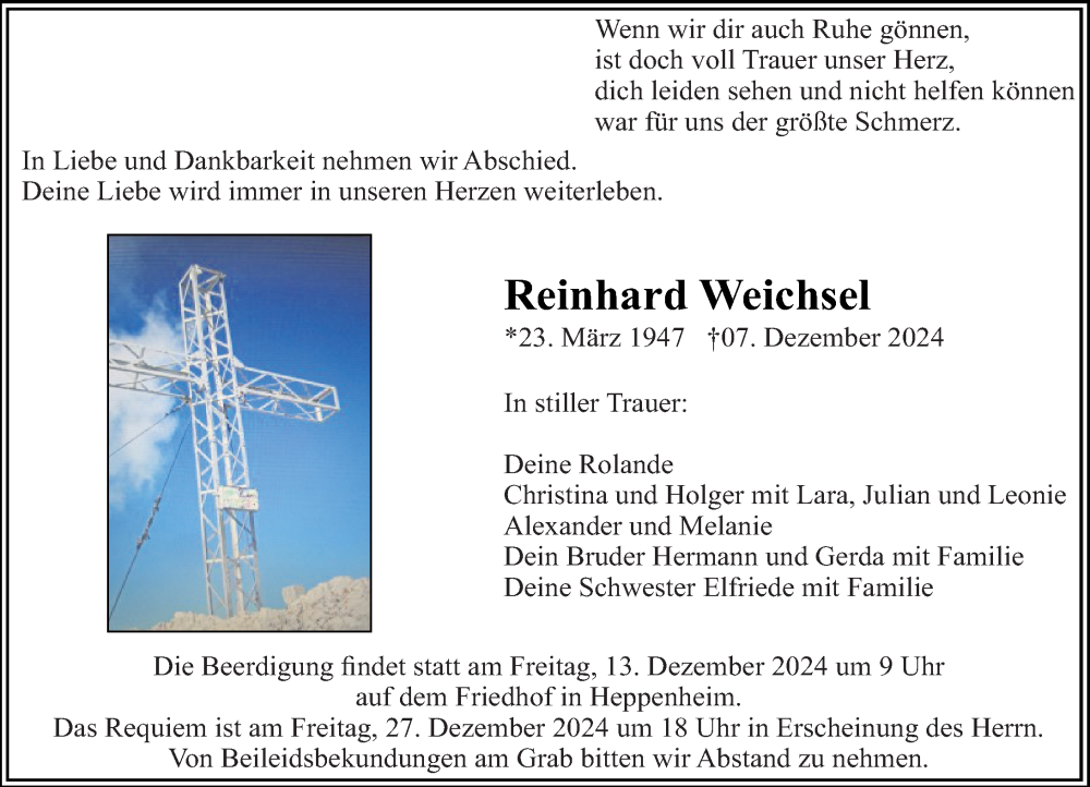  Traueranzeige für Reinhard Weichsel vom 11.12.2024 aus Starkenburger Echo