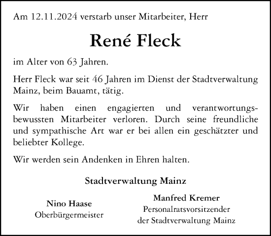 Traueranzeige von Rene Fleck von Allgemeine Zeitung Mainz