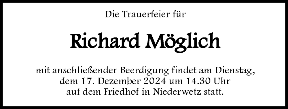  Traueranzeige für Richard Möglich vom 14.12.2024 aus Wetzlarer Neue Zeitung