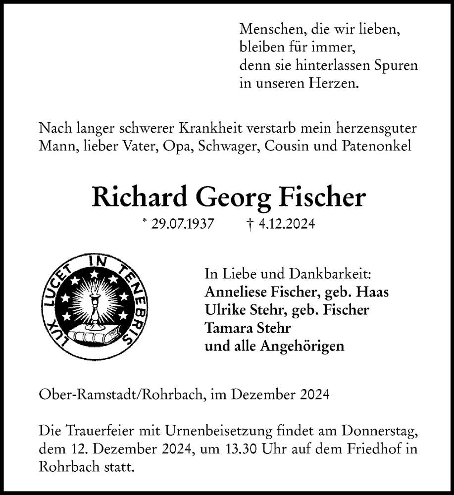  Traueranzeige für Richard Georg Fischer vom 07.12.2024 aus Darmstädter Echo