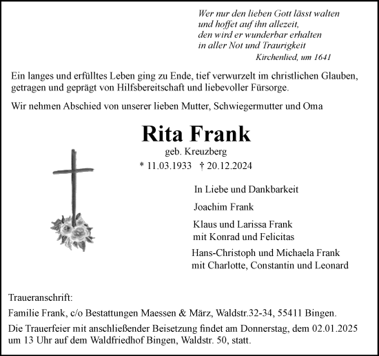 Traueranzeige von Rita Frank von Allgemeine Zeitung Rheinhessen-Nahe