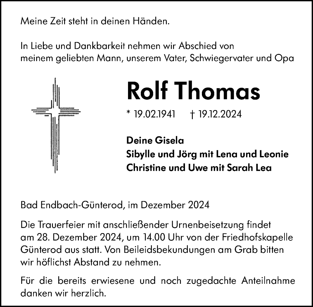  Traueranzeige für Rolf Thomas vom 27.12.2024 aus Hinterländer Anzeiger