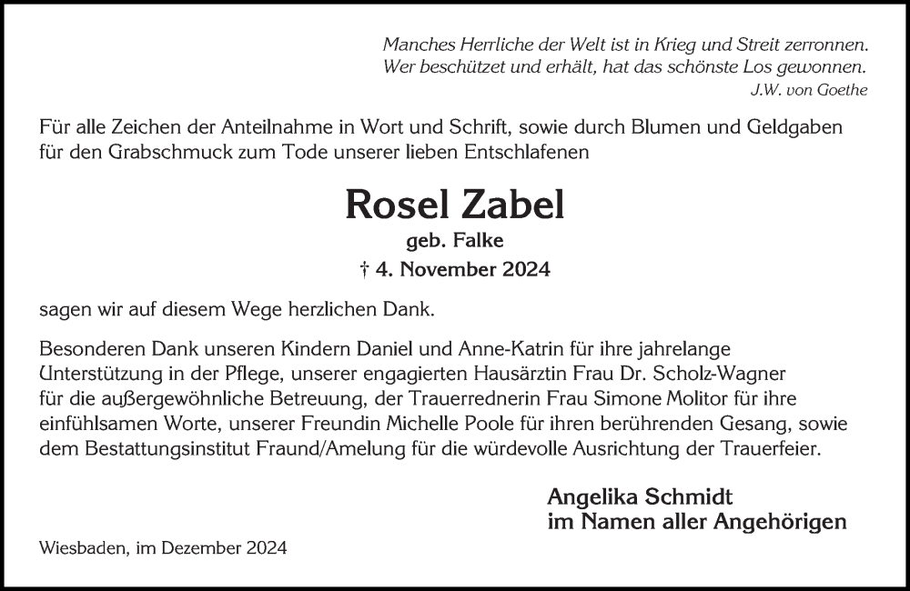  Traueranzeige für Rosel Zabel vom 21.12.2024 aus Wiesbadener Kurier