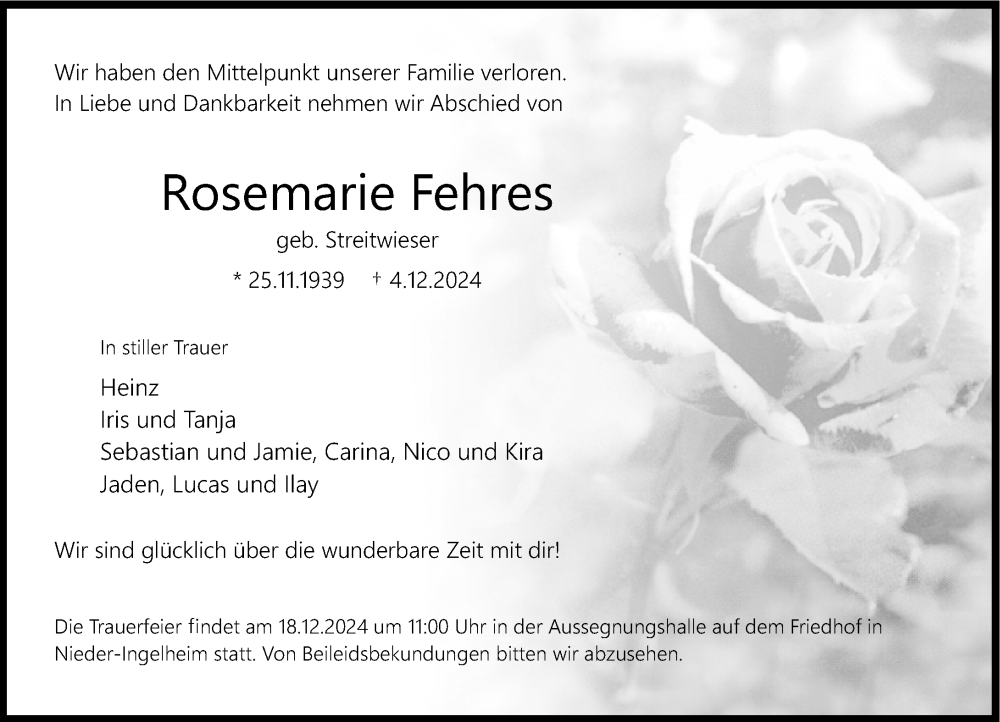  Traueranzeige für Rosemarie Fehres vom 14.12.2024 aus Allgemeine Zeitung Rheinhessen-Nahe