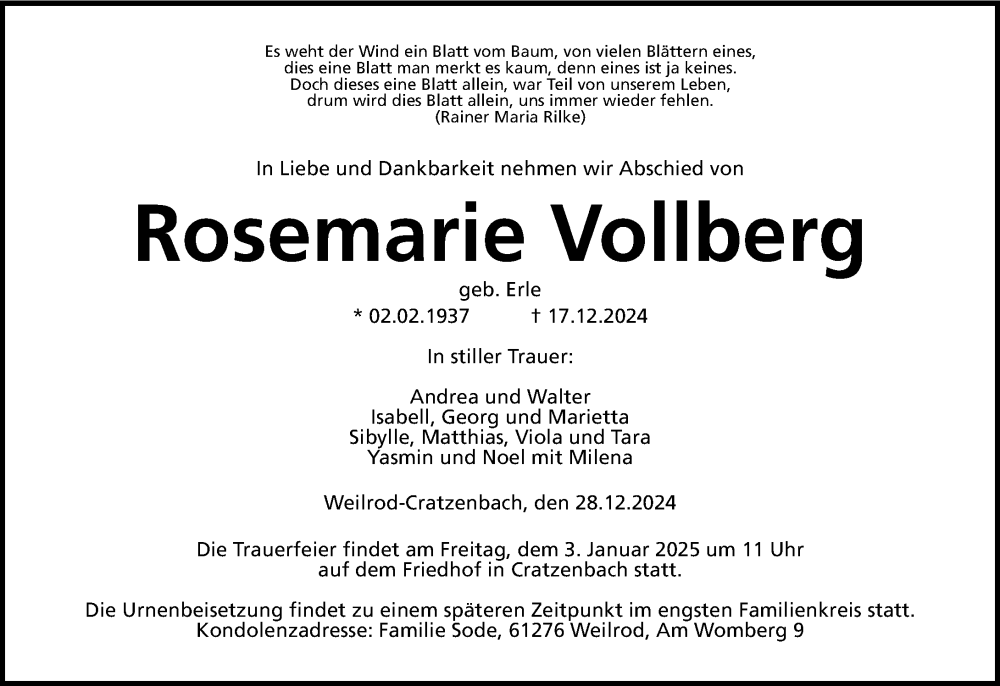  Traueranzeige für Rosemarie Vollberg vom 27.12.2024 aus Camberger Anzeiger