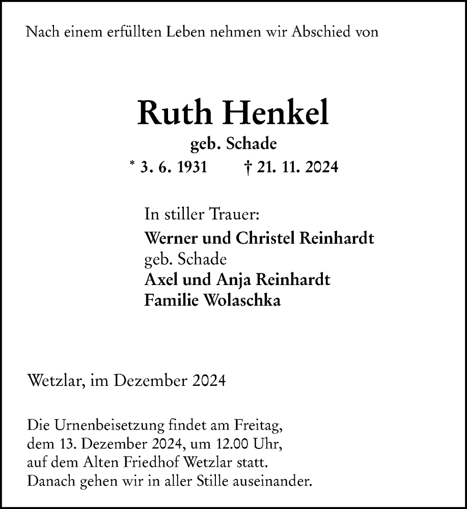 Traueranzeige für Ruth Henkel vom 07.12.2024 aus Wetzlarer Neue Zeitung