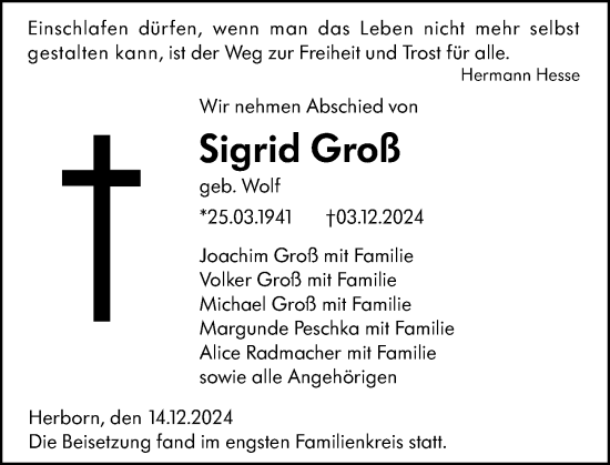 Traueranzeige von Sigrid Groß von Dill Block