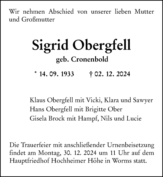 Traueranzeige von Sigrid Obergfell von Wormser Zeitung