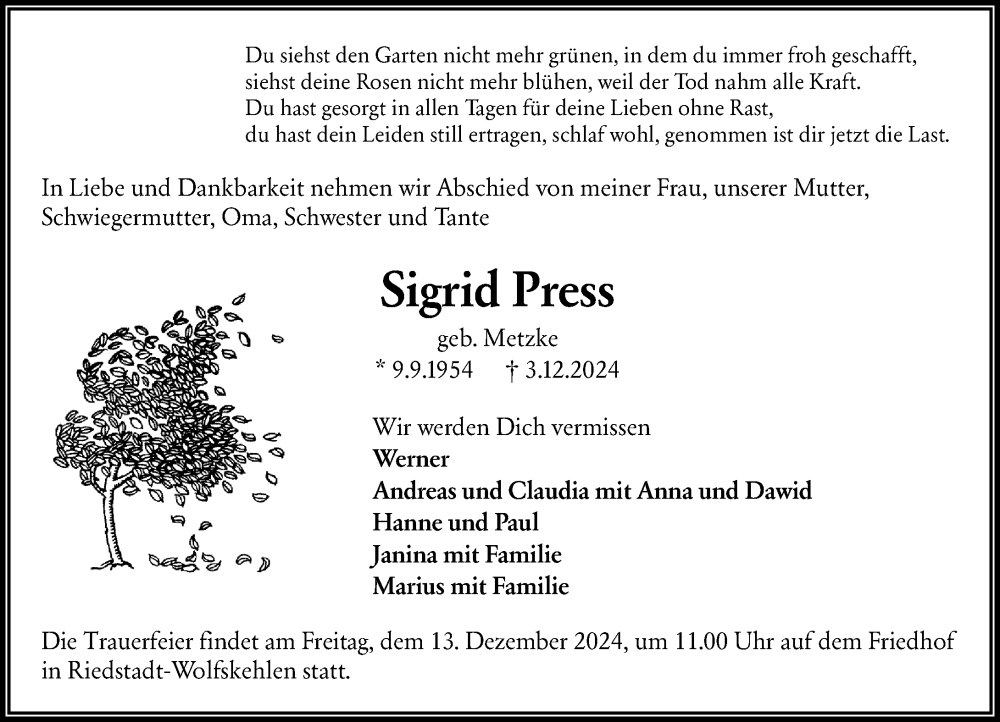  Traueranzeige für Sigrid Press vom 11.12.2024 aus Groß-Gerauer Echo