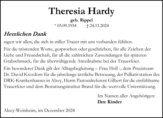 Traueranzeige von Theresia Hardy von Allgemeine Zeitung Alzey