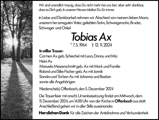 Traueranzeige von Tobias Ax von Dill Block
