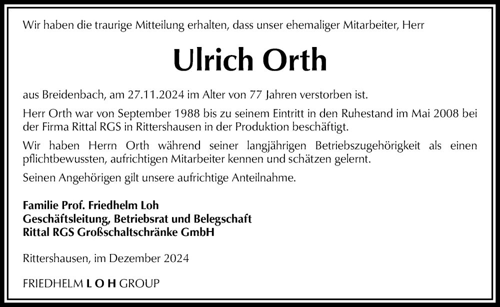  Traueranzeige für Ulrich Orth vom 14.12.2024 aus Hinterländer Anzeiger