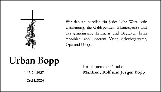 Traueranzeige von Urban Bopp von Hochheimer Zeitung