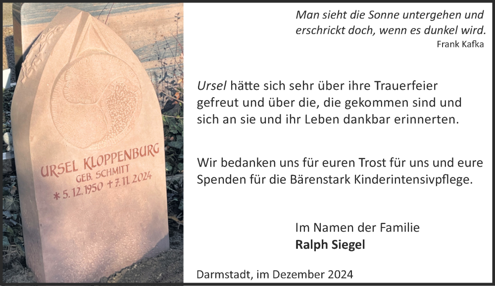  Traueranzeige für Ursel Kloppenburg vom 07.12.2024 aus Darmstädter Echo
