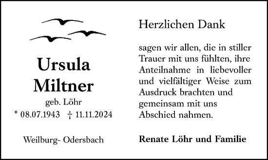 Traueranzeige von Ursula Miltner von Weilburger Tageblatt
