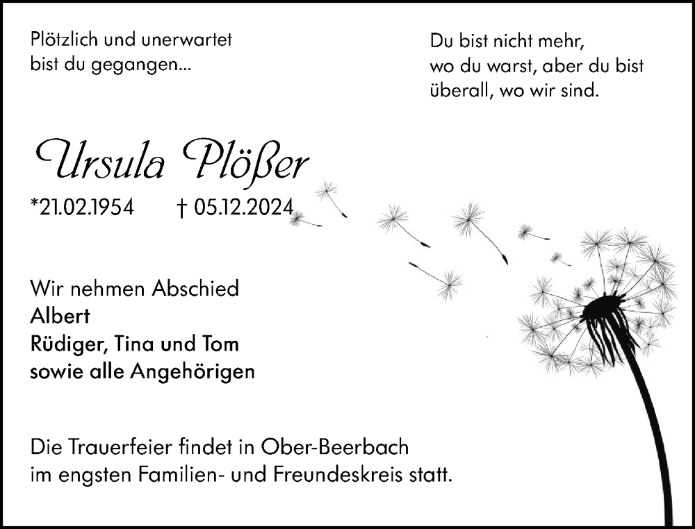  Traueranzeige für Ursula Plößer vom 14.12.2024 aus Darmstädter Echo