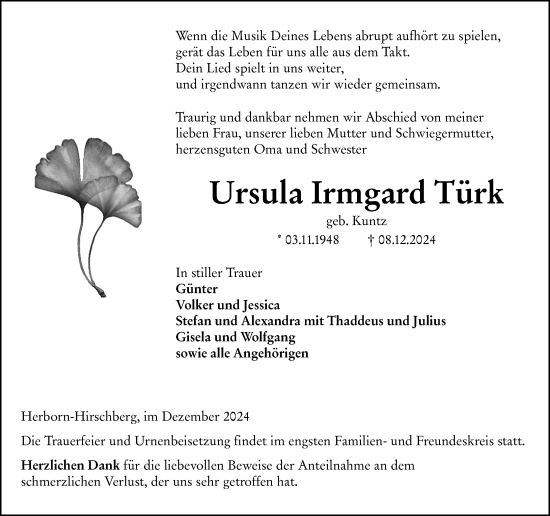 Traueranzeige von Ursula Irmgard Türk von Dill Block