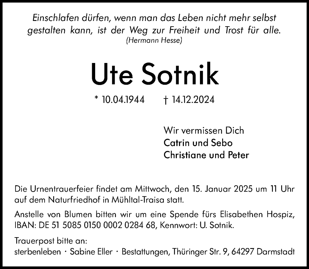  Traueranzeige für Ute Sotnik vom 21.12.2024 aus Darmstädter Echo