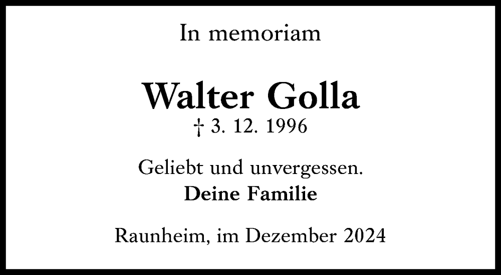  Traueranzeige für Walter Golla vom 03.12.2024 aus Rüsselsheimer Echo