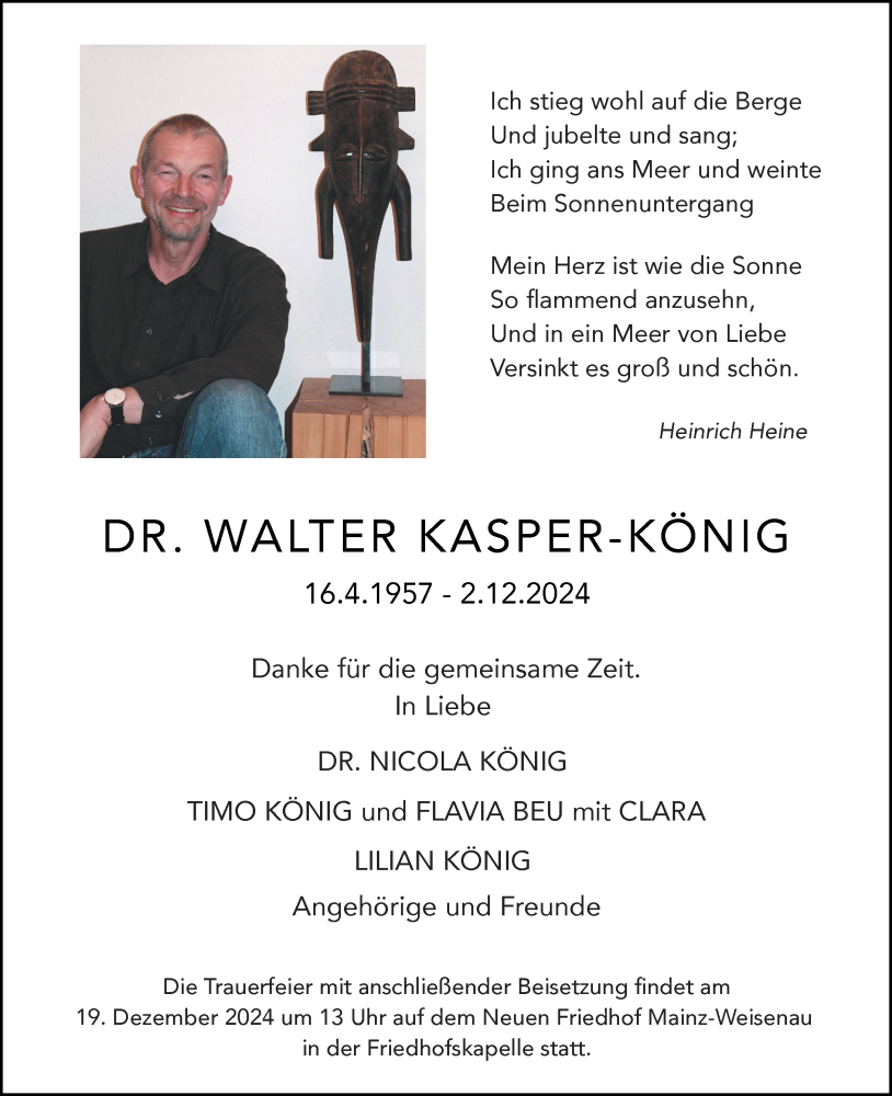  Traueranzeige für Walter Kasper-König vom 14.12.2024 aus Wiesbadener Kurier