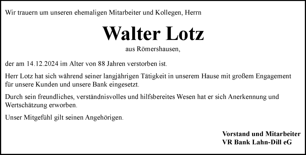  Traueranzeige für Walter Lotz vom 19.12.2024 aus Hinterländer Anzeiger
