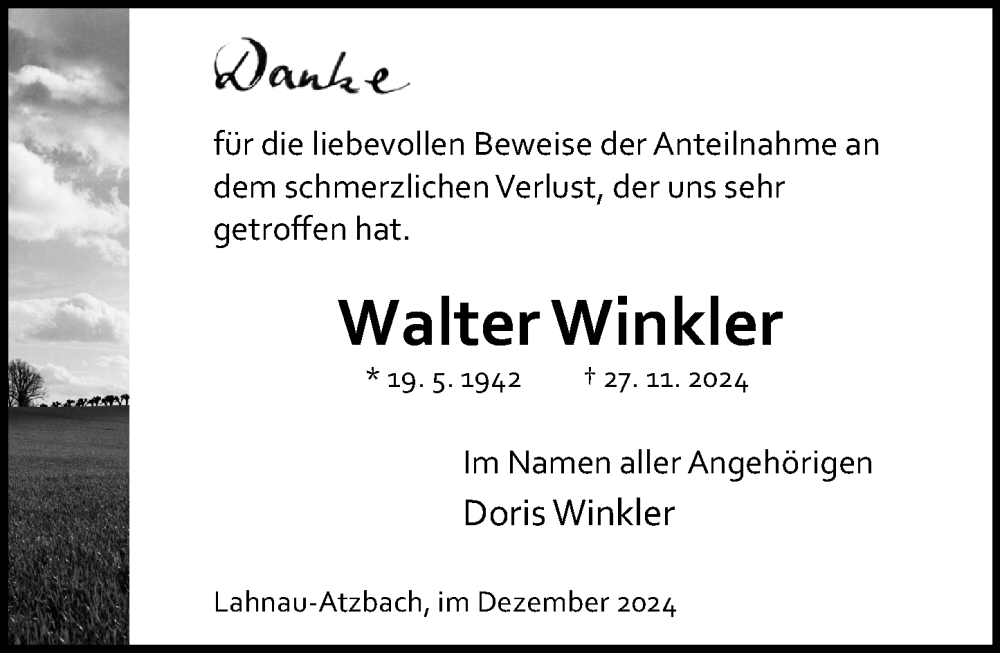  Traueranzeige für Walter Winkler vom 21.12.2024 aus Wetzlarer Neue Zeitung