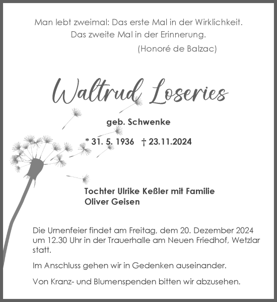Traueranzeige von Waltrud Loseries von Wetzlarer Neue Zeitung