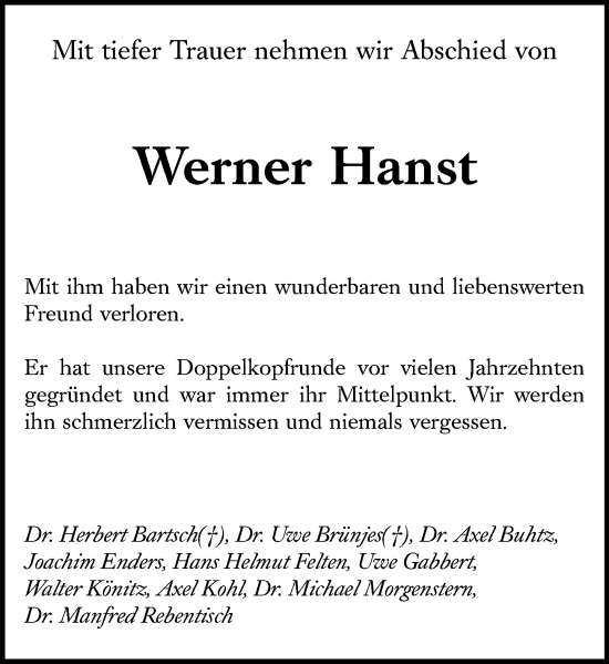 Traueranzeige von Werner Hanst von Allgemeine Zeitung Mainz