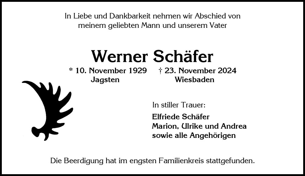  Traueranzeige für Werner Schäfer vom 07.12.2024 aus Wiesbadener Kurier