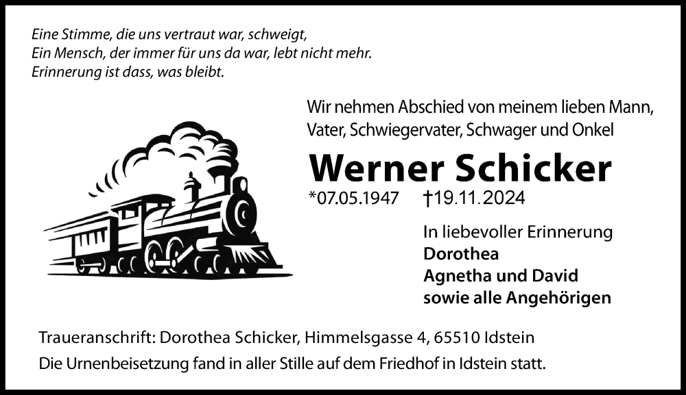  Traueranzeige für Werner Schicker vom 07.12.2024 aus Idsteiner Land/Untertaunus