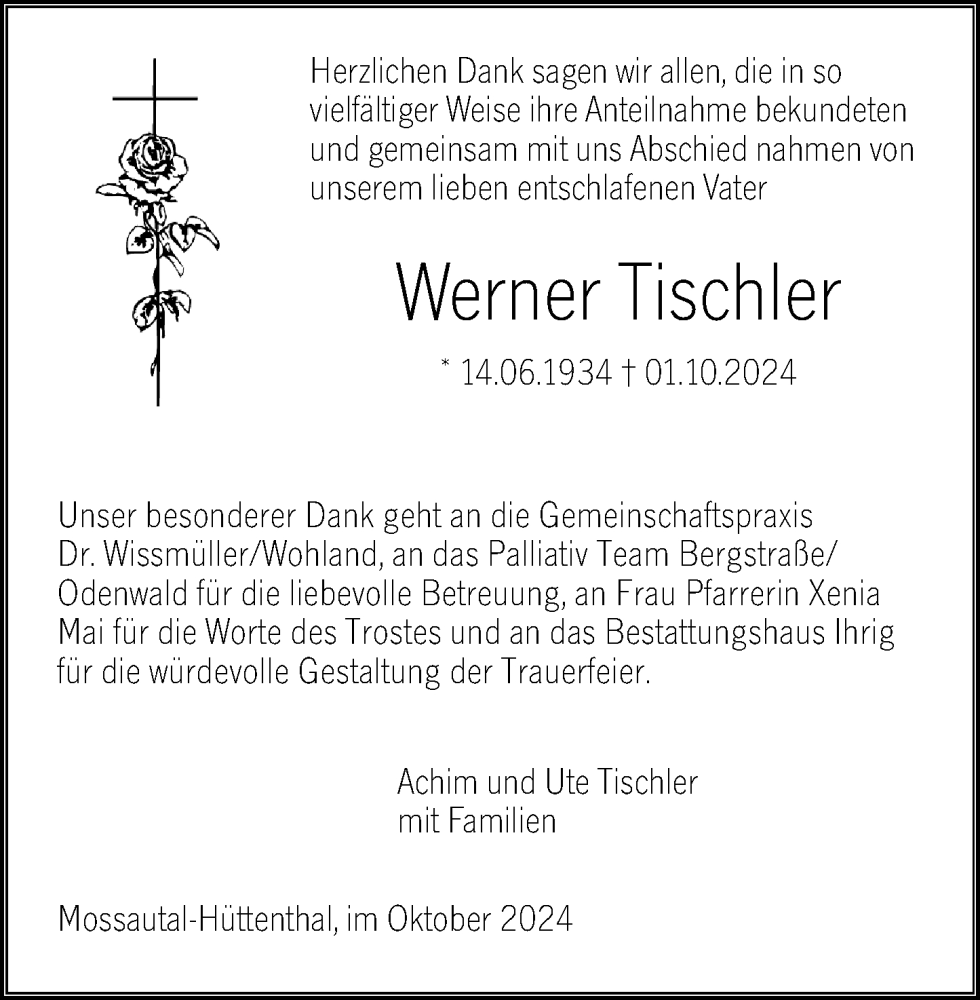  Traueranzeige für Werner Tischler vom 21.12.2024 aus Odenwälder Echo