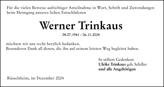 Traueranzeige von Werner Trinkaus von Rüsselsheimer Echo