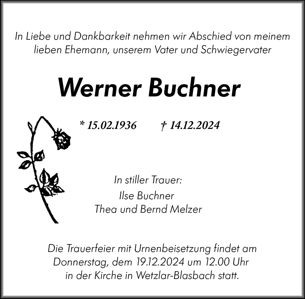  Traueranzeige für Werner Buchner Buchner vom 17.12.2024 aus Wetzlarer Neue Zeitung