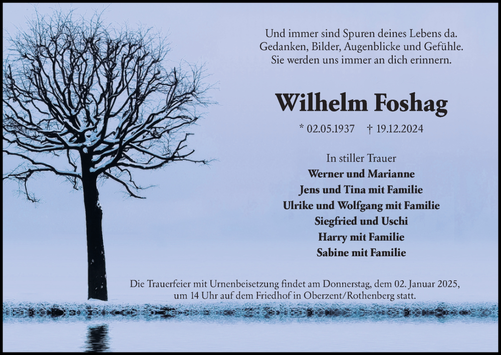  Traueranzeige für Wilhelm Foshag vom 28.12.2024 aus Odenwälder Echo