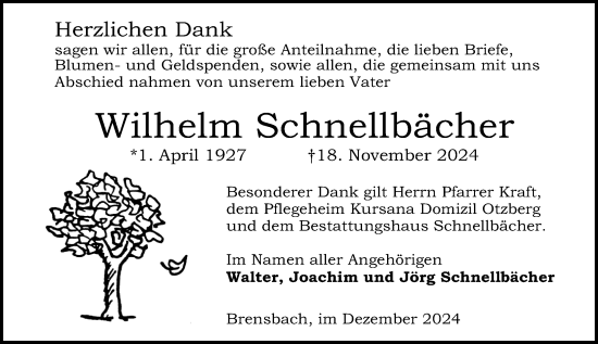 Traueranzeige von Wilhelm Schnellbächer von Odenwälder Echo