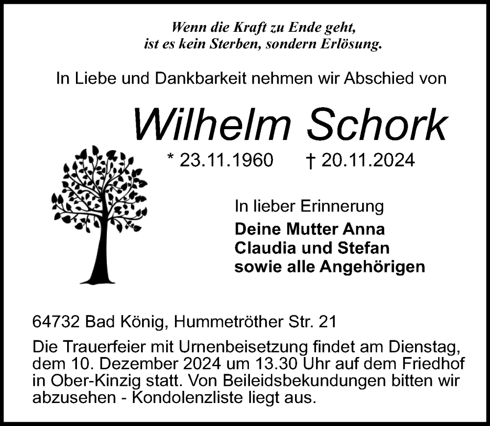  Traueranzeige für Wilhelm Schork vom 07.12.2024 aus Odenwälder Echo
