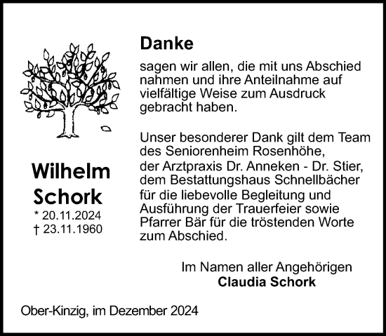 Traueranzeige von Wilhelm Schork von Odenwälder Echo