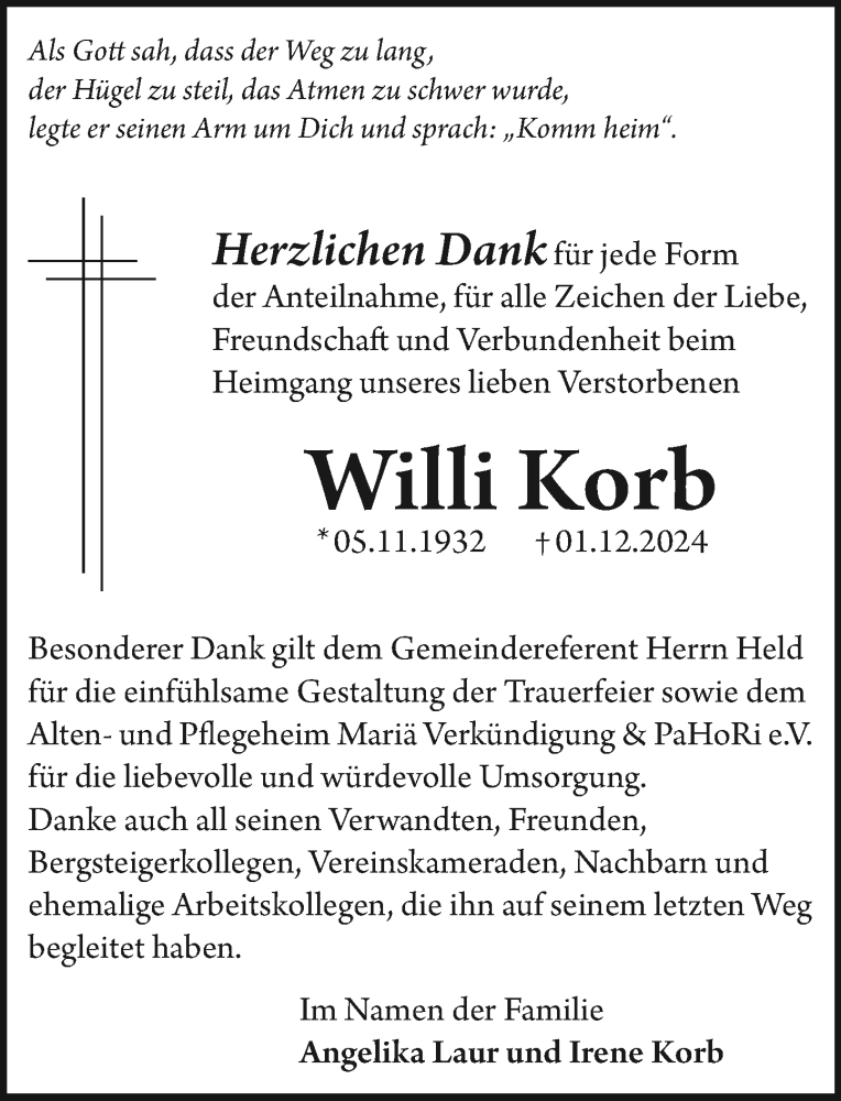  Traueranzeige für Willi Korb vom 21.12.2024 aus Starkenburger Echo