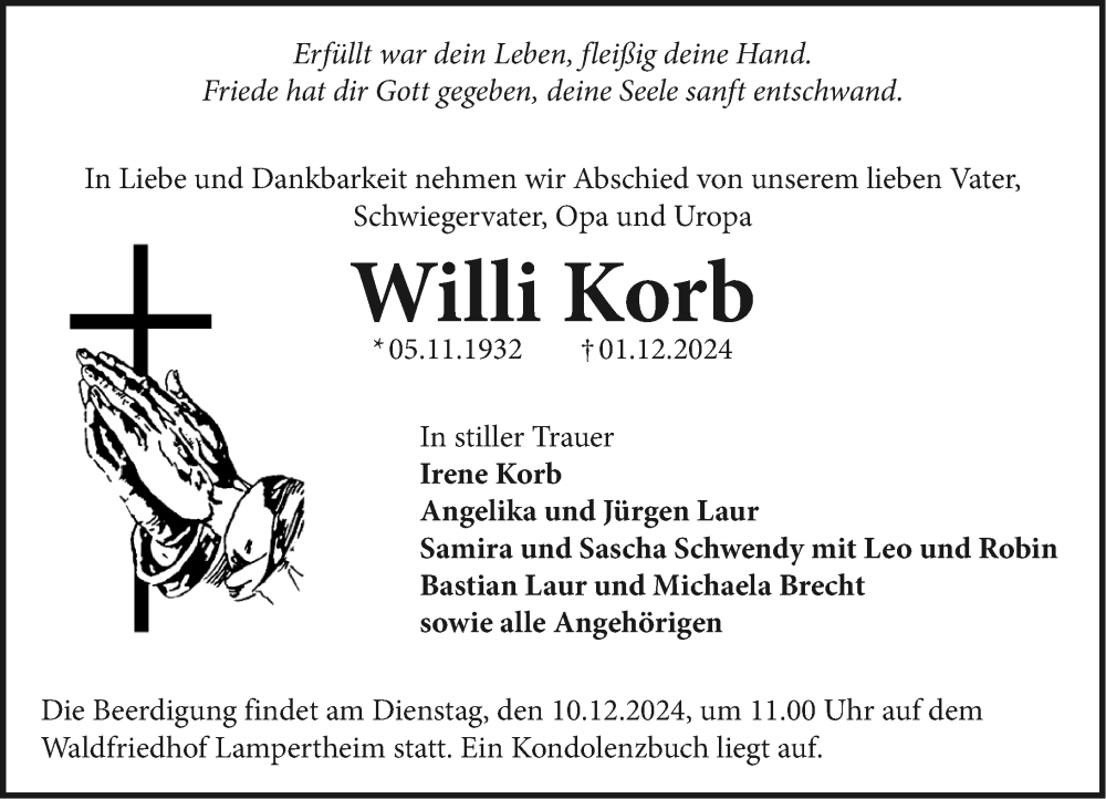  Traueranzeige für Willi Korb vom 05.12.2024 aus Starkenburger Echo