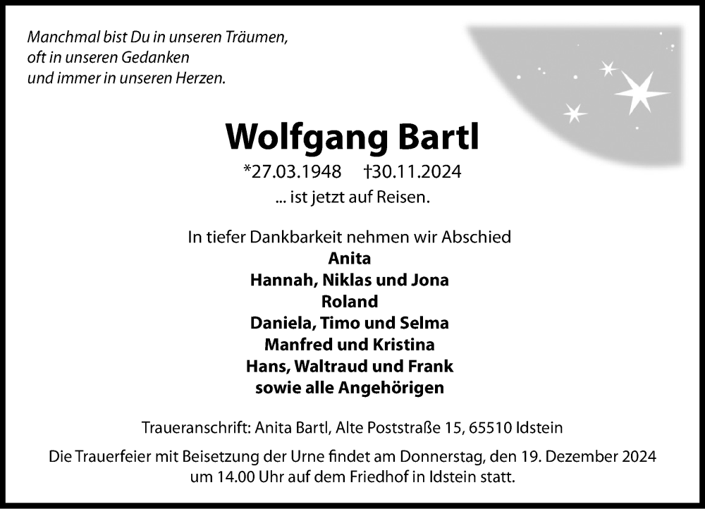  Traueranzeige für Wolfgang Bartl vom 07.12.2024 aus Idsteiner Land/Untertaunus