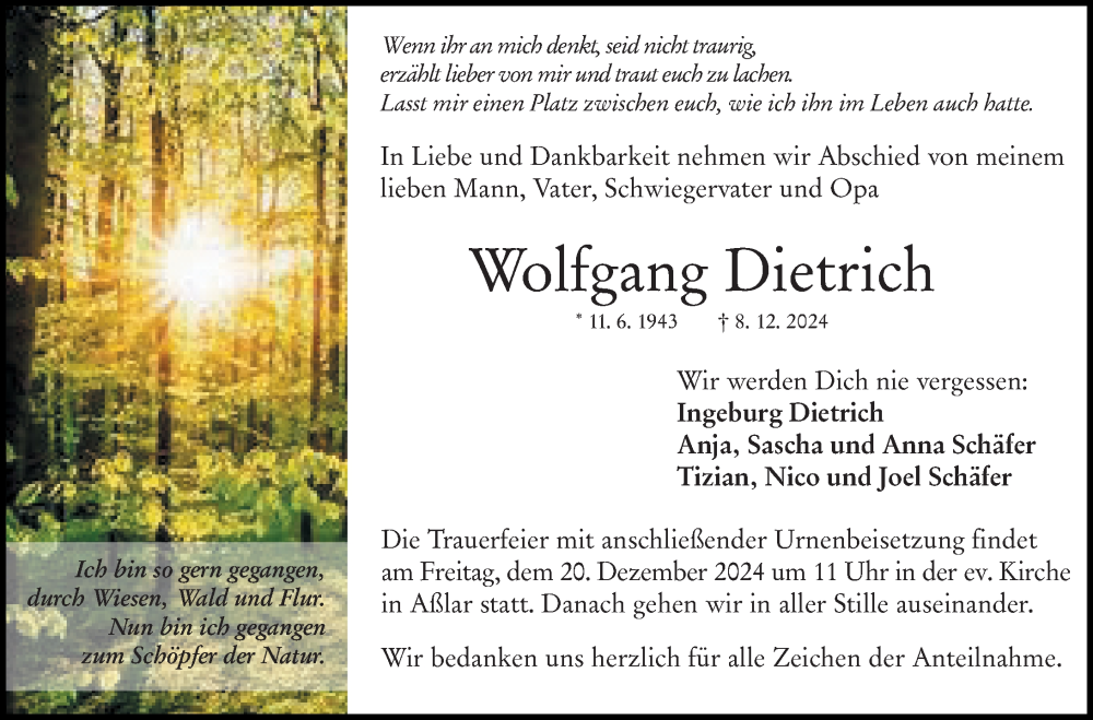  Traueranzeige für Wolfgang Dietrich vom 14.12.2024 aus Wetzlarer Neue Zeitung