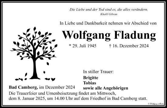 Traueranzeige von Wolfgang Fladung von Camberger Anzeiger