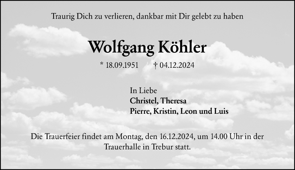  Traueranzeige für Wolfgang Köhler vom 11.12.2024 aus Rüsselsheimer Echo