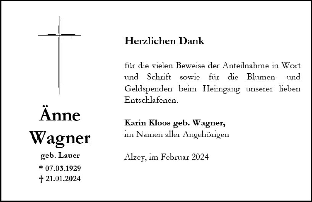  Traueranzeige für Änne Wagner vom 17.02.2024 aus Allgemeine Zeitung Alzey