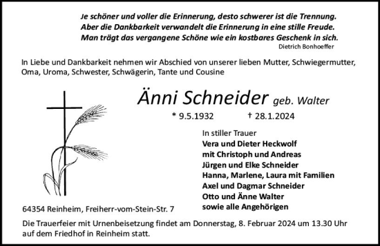 Traueranzeige von Änni Schneider von Darmstädter Echo