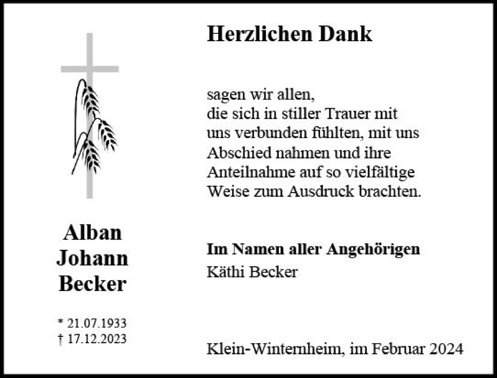  Traueranzeige für Alban Johann Becker vom 03.02.2024 aus Allgemeine Zeitung Mainz